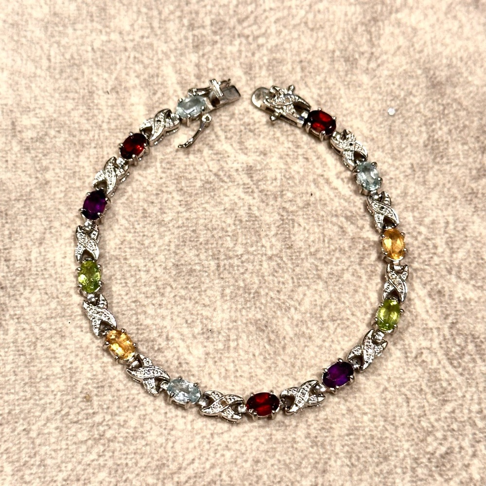 Sterling Silver Multi Color Gemstone Diamond X Bracelet pre~owned